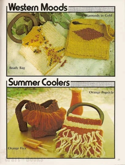 Vintage advertisement for crochet bags with text 'Western Moods' and 'Summer Coolers'.