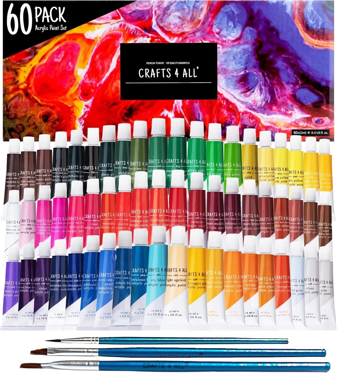 60-pack acrylic paint set with brushes and Crafts 4 All branding.