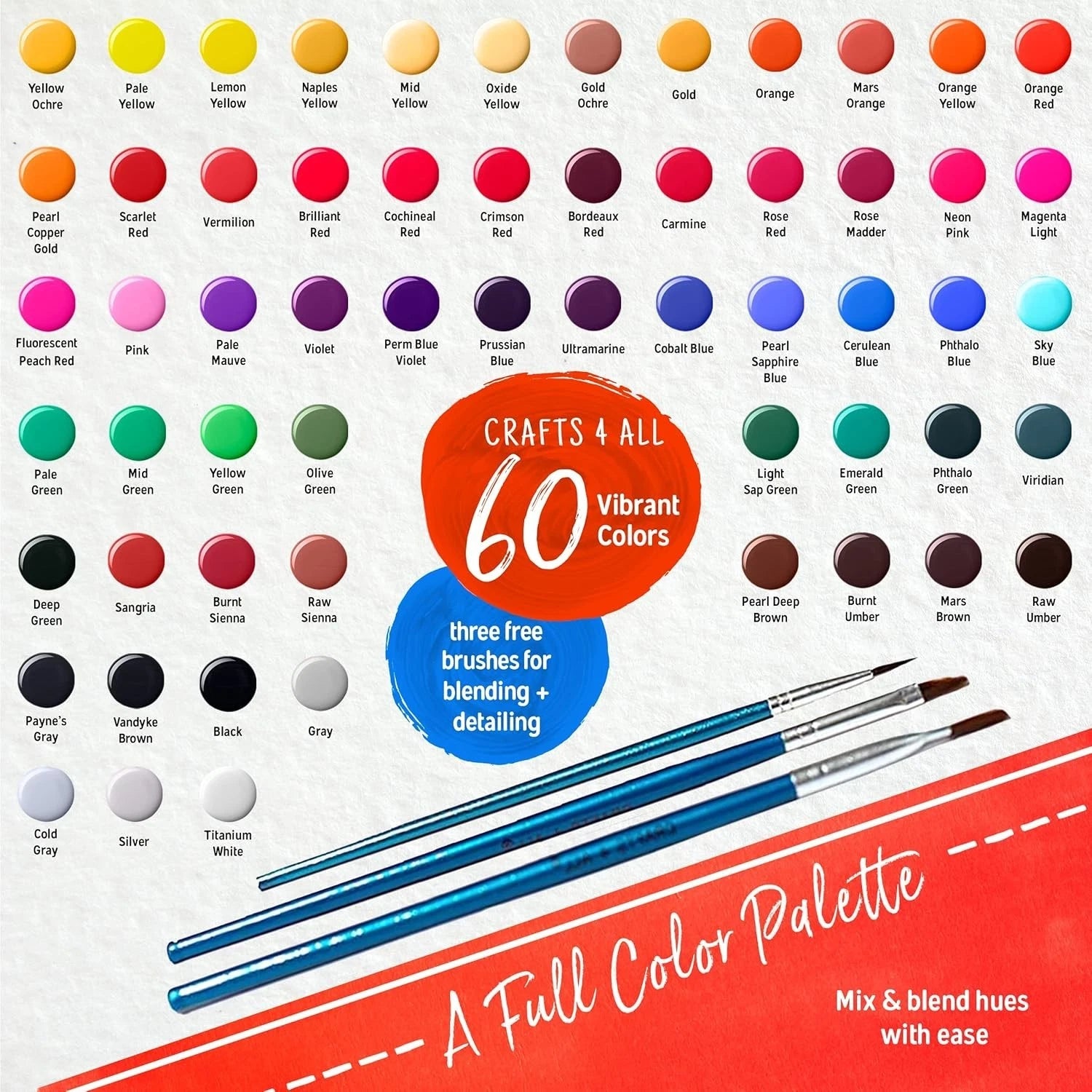 Color chart with 60 vibrant colors and two paintbrushes on a white background.