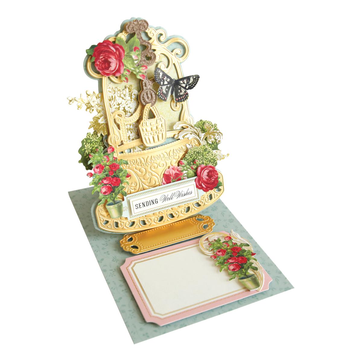 Decorative greeting card with floral elements and a butterfly on a white background