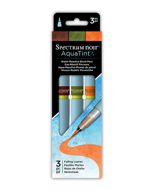 Packaging of Spectrum Noir Aquatint water Reactive brush pens with three pens inside on a white background.