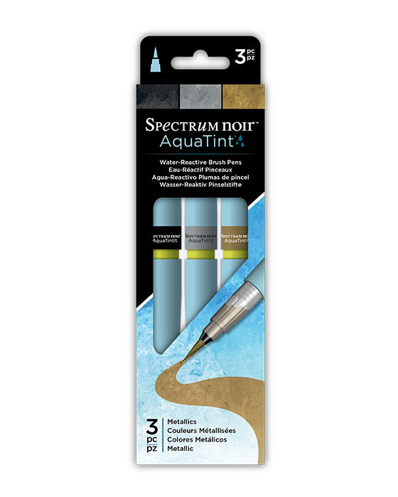 Spectrum Noir Aquatint water-reactive brush pens packaging with three metallic colors on a white background.