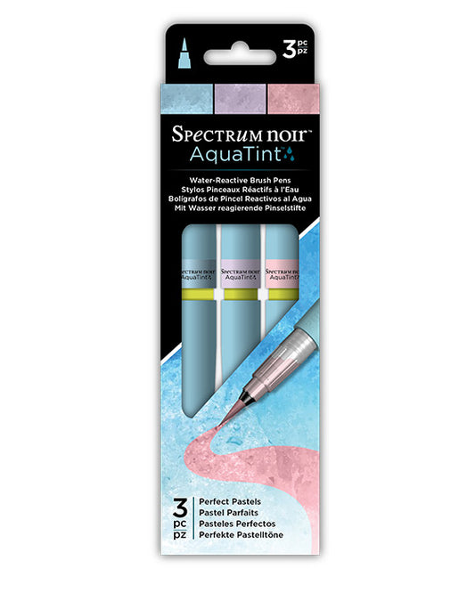 Packaging of Spectrum Noir Aquatint water Reactive Brush Pens with pastel colors on a white background.