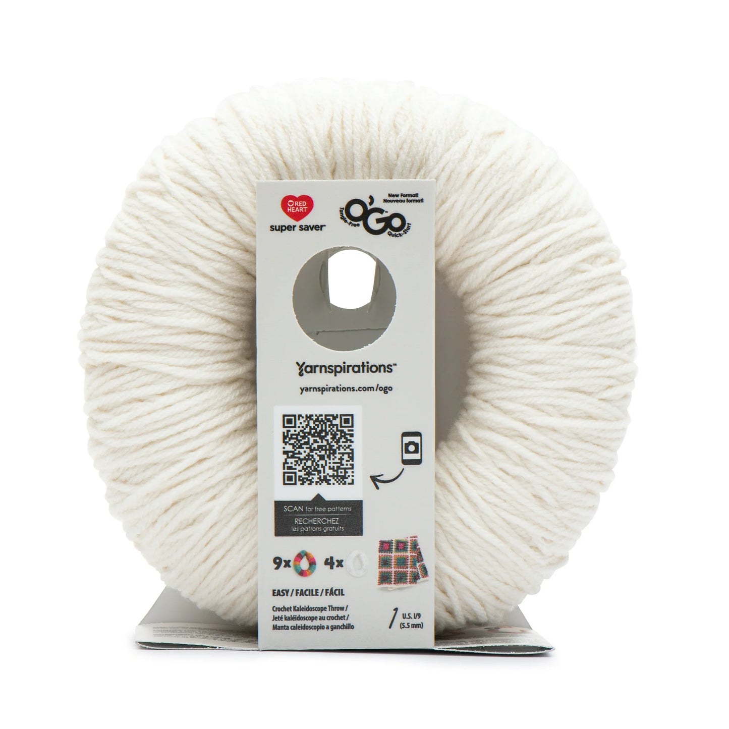 Ball of white yarn with a Yarnspirations label on a white background