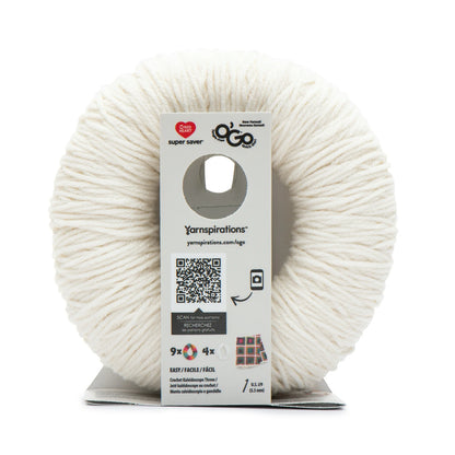 Ball of white yarn with a Yarnspirations label on a white background
