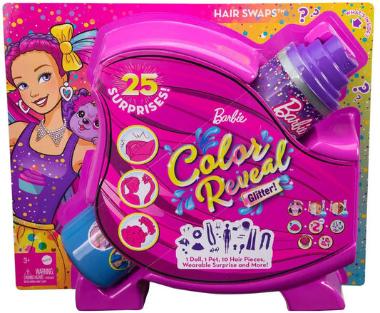 Barbie Color Reveal toy packaging with character and product details on a colorful background