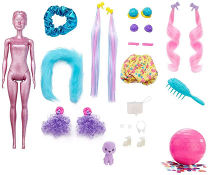 Collection of dolls and accessories including a pink doll, wigs, hair extensions, and toys on a white background.