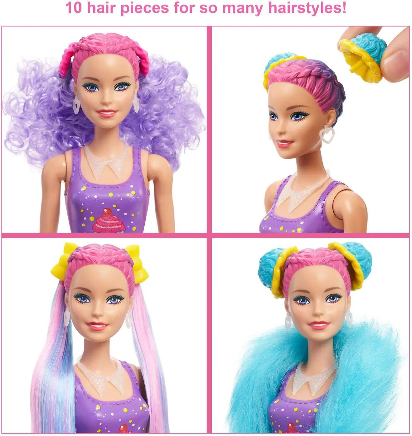 Barbie doll with interchangeable hair pieces on a white background