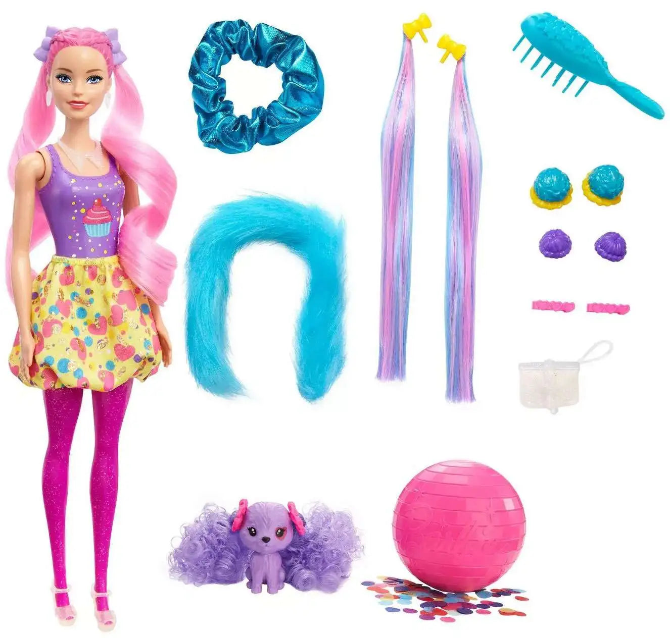 Barbie doll with colorful hair extensions and accessories on a white background