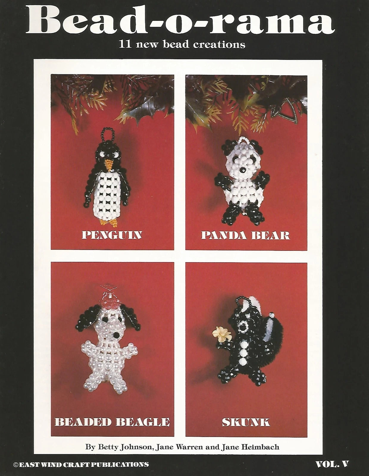 Beaded animal creations including a penguin, panda bear, beaded beagle, and skunk on a red background.
