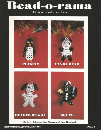 Beaded animal creations including a penguin, panda bear, beaded beagle, and skunk on a red background.