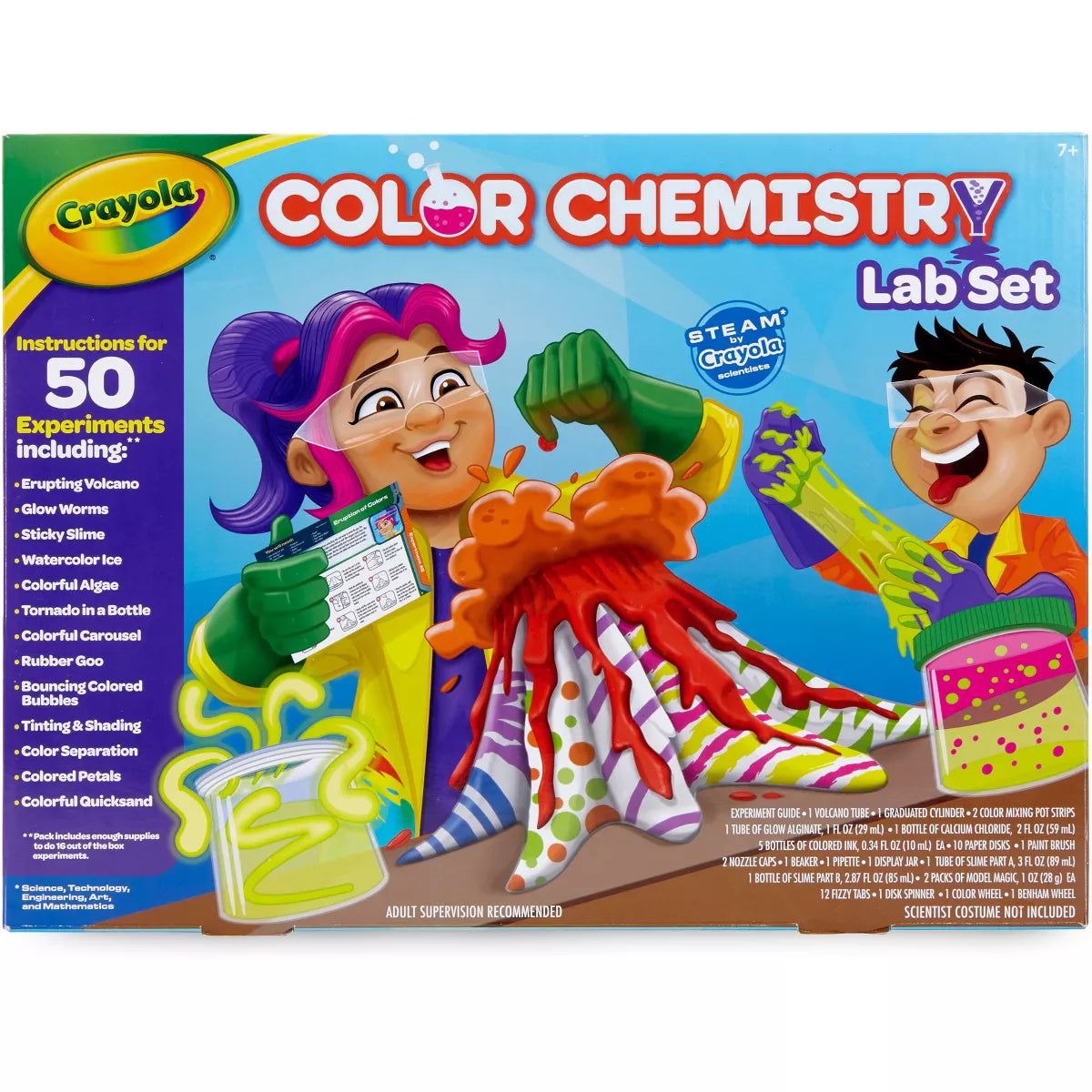 Crayola Color Chemistry Lab Set packaging with two children playing with colorful substances.