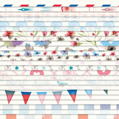 Patterned paper with colorful designs including flowers, flags, and stars on a white background.