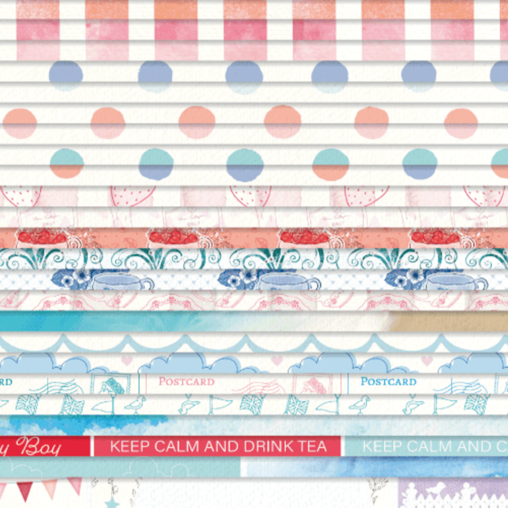 Collection of colorful patterned paper strips with text on a white background