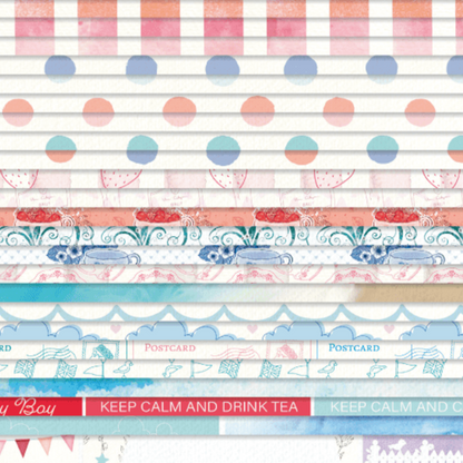 Collection of colorful patterned paper strips with text on a white background