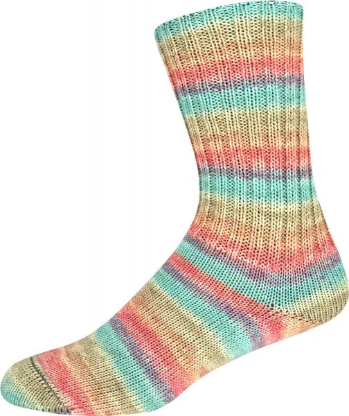 Multicolored striped yarn shown knitted as a sock on a white background 