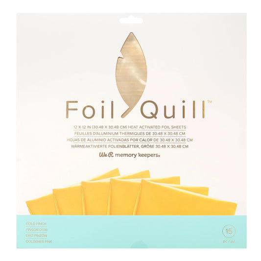 Foil Quill packaging with gold foil sheets on a light gray background