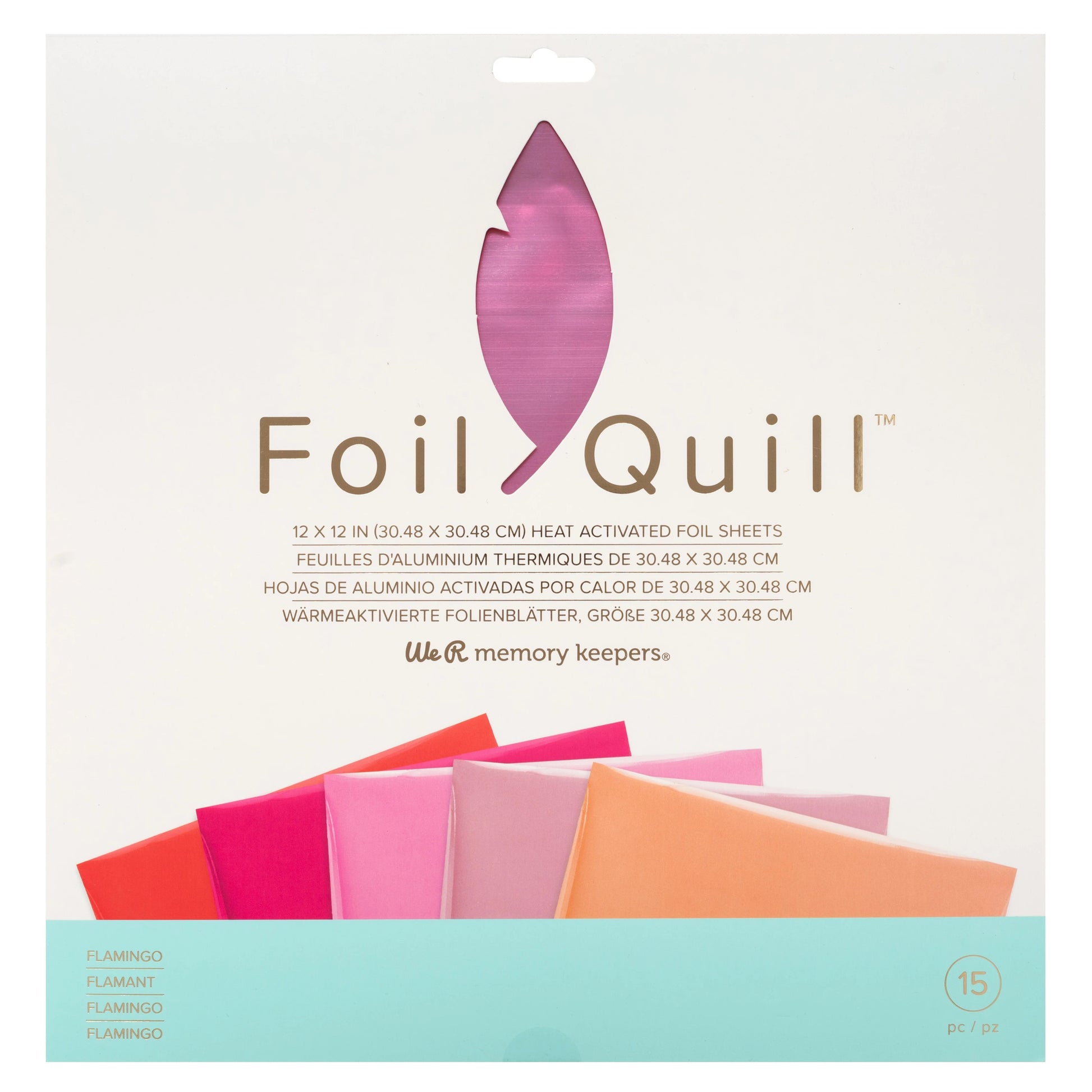 Packaging of Foil Quill heat activated foil sheets with colorful samples on a white background.