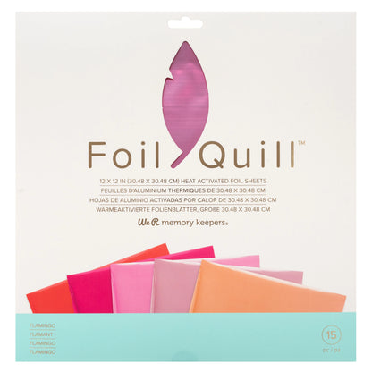 Packaging of Foil Quill heat activated foil sheets with colorful samples on a white background.