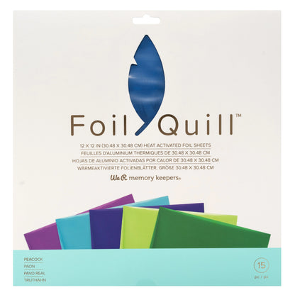 Packaging of Foil Quill heat activated foil sheets with colorful samples.