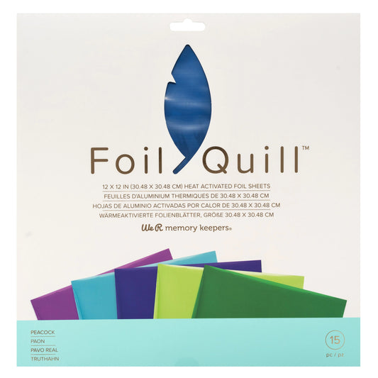 Packaging of Foil Quill heat activated foil sheets with colorful samples.
