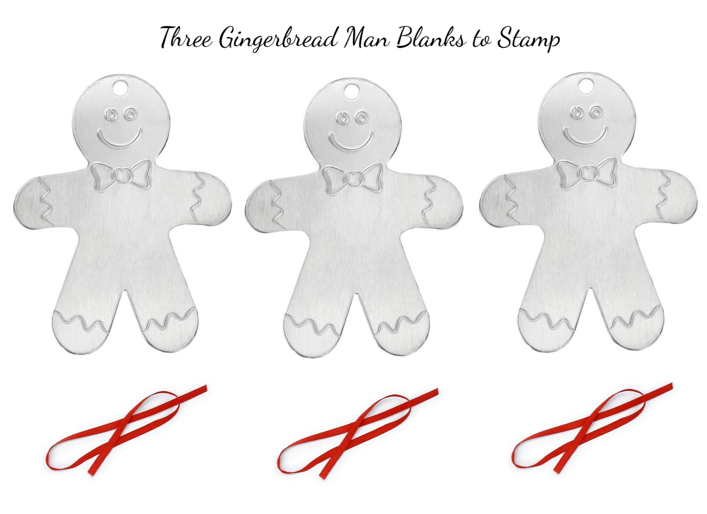 Three gingerbread man stamps with red ribbons on a white background