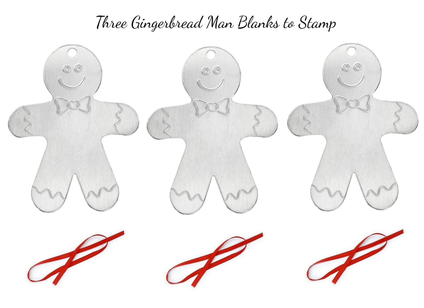 Three gingerbread man stamps with red ribbons on a white background