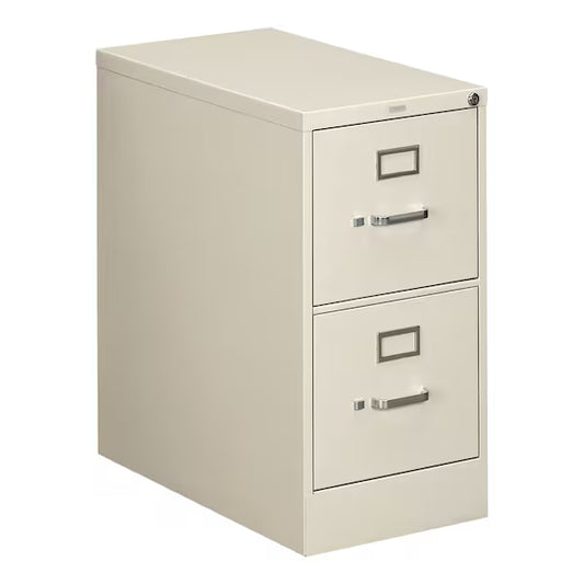Beige two-drawer filing cabinet on a white background