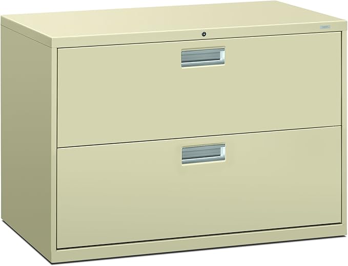 Beige two-drawer filing cabinet with metallic handles on a white background
