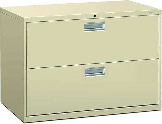 Beige two-drawer filing cabinet with metallic handles on a white background