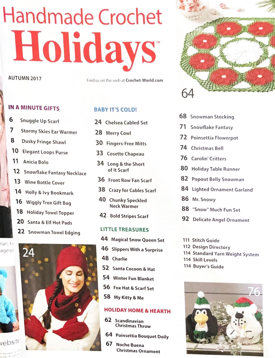 Page from a magazine featuring handmade crochet patterns for holidays, with a woman wearing a red scarf and hat on the cover.