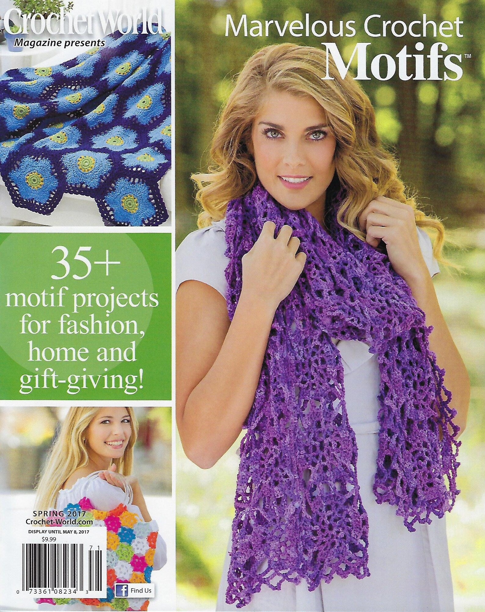 Magazine cover featuring a woman wearing a purple crochet scarf with text about crochet motifs.