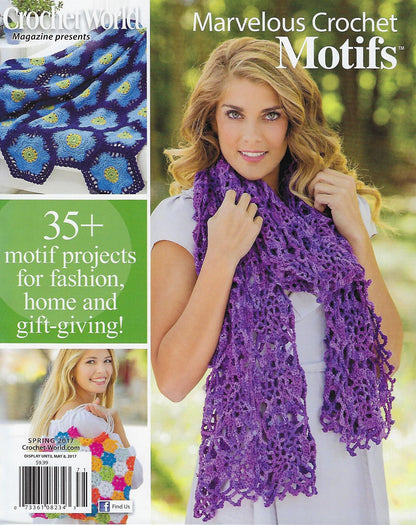 Magazine cover featuring a woman wearing a purple crochet scarf with text about crochet motifs.