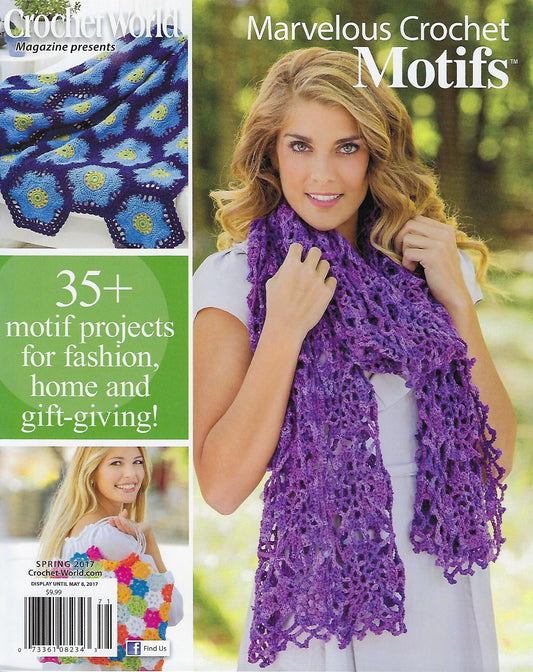 Magazine cover featuring a woman wearing a purple crochet scarf with text about crochet motifs.