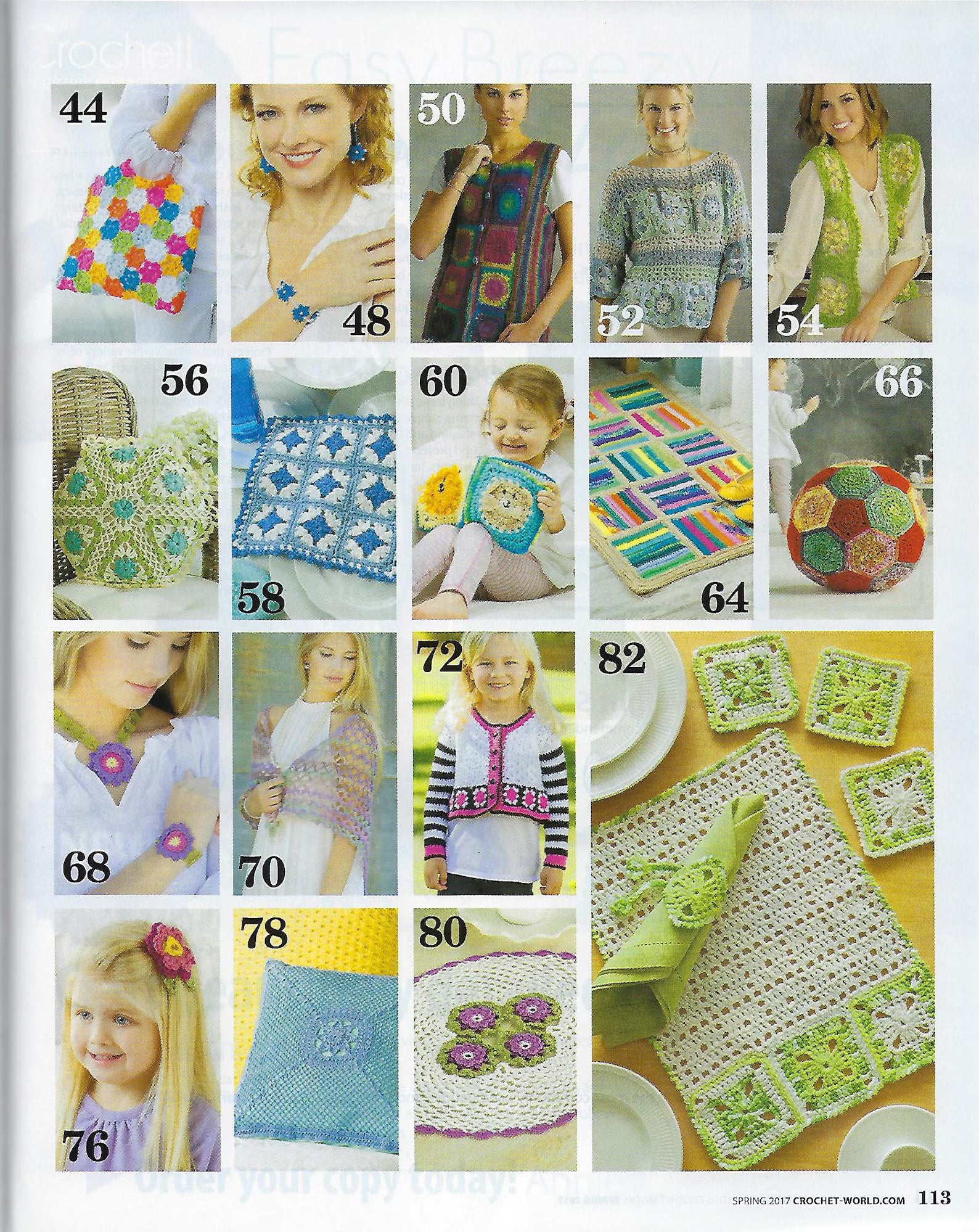 Page from a crochet pattern book with various colorful crochet projects and people wearing them.