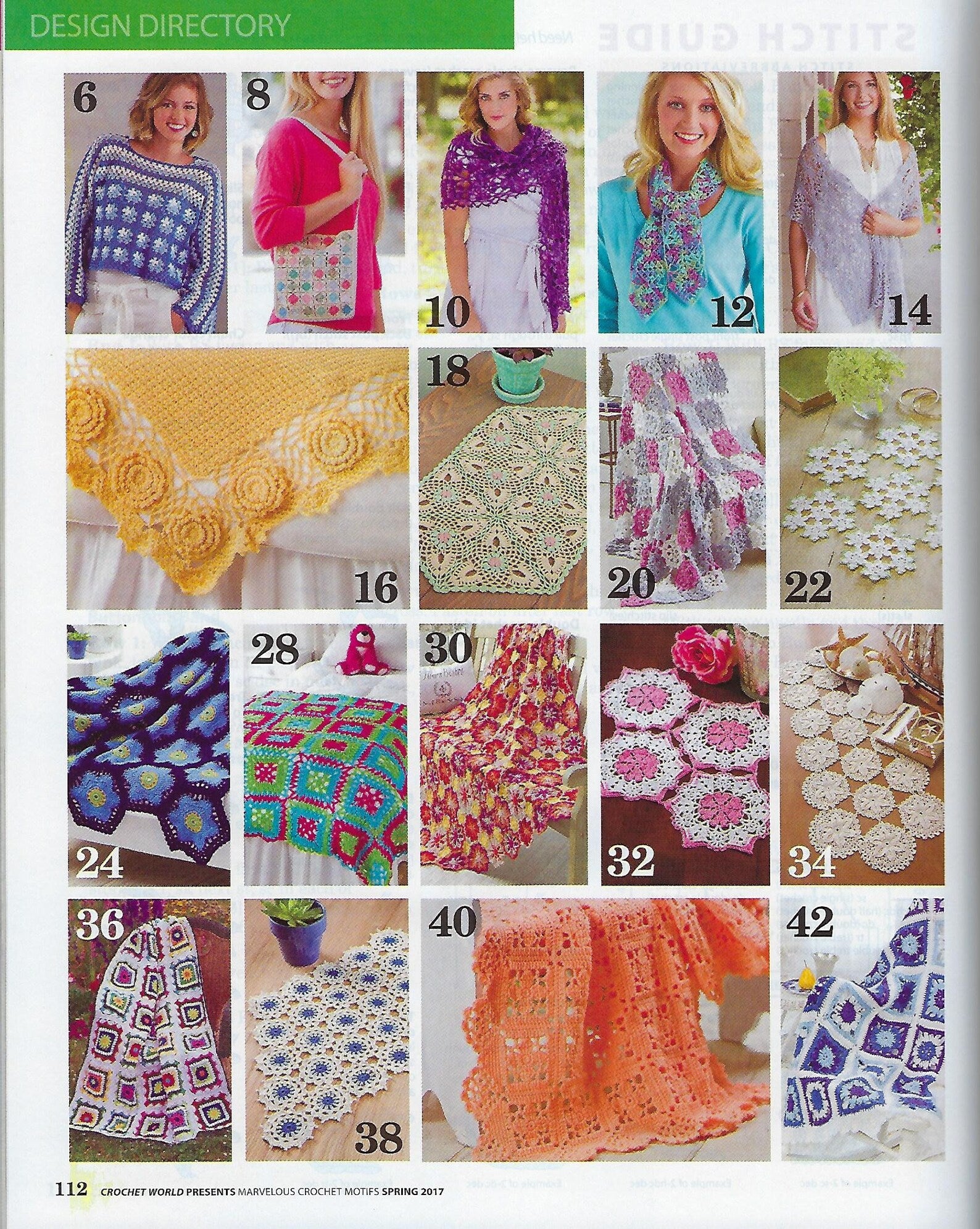 Design directory of crochet patterns with various colorful items.