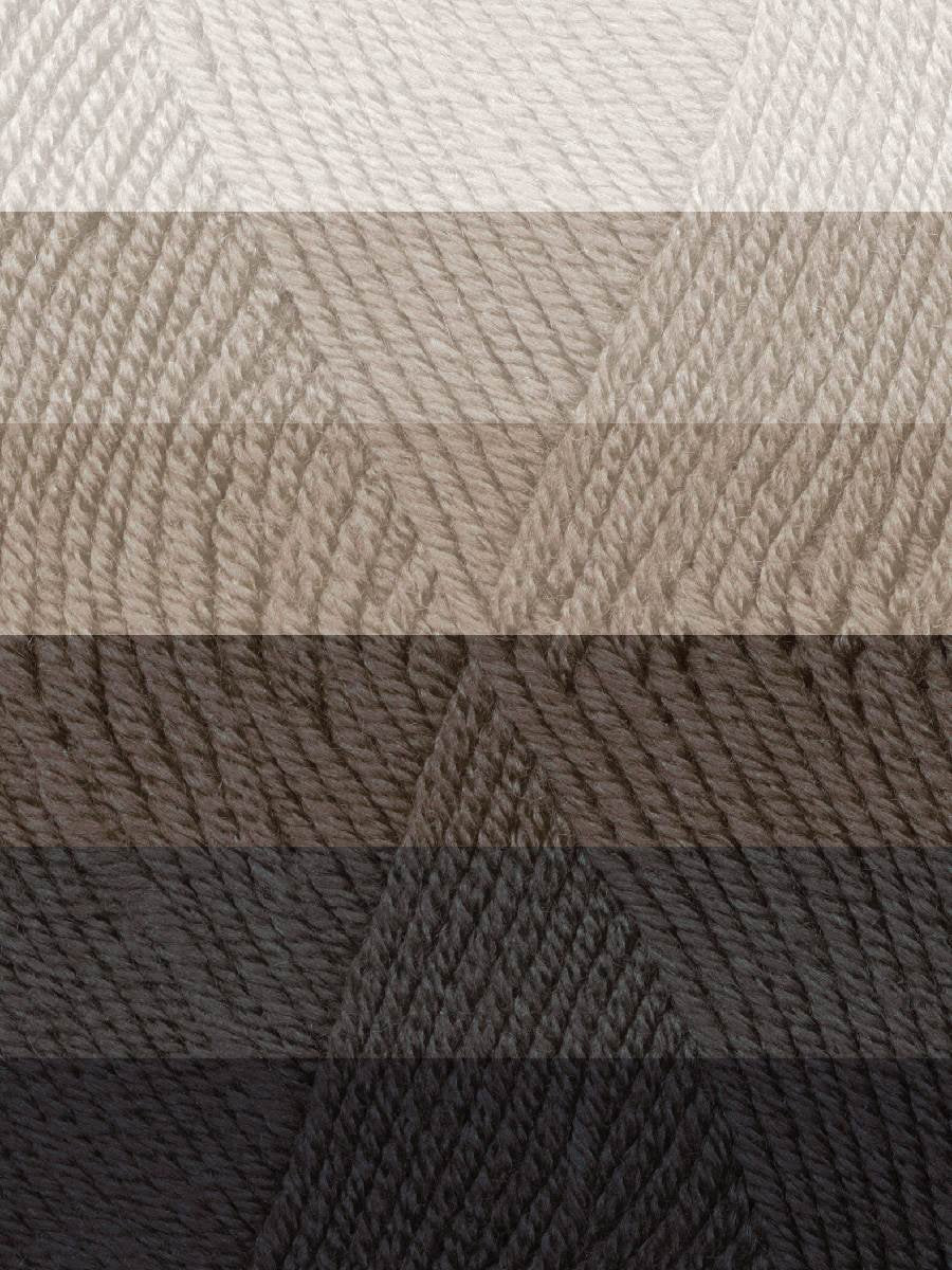 Close-up of textured yarn swatch in various shades of brown and gray.