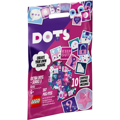 LEGO DOTS packaging with colorful designs and text on a white background
