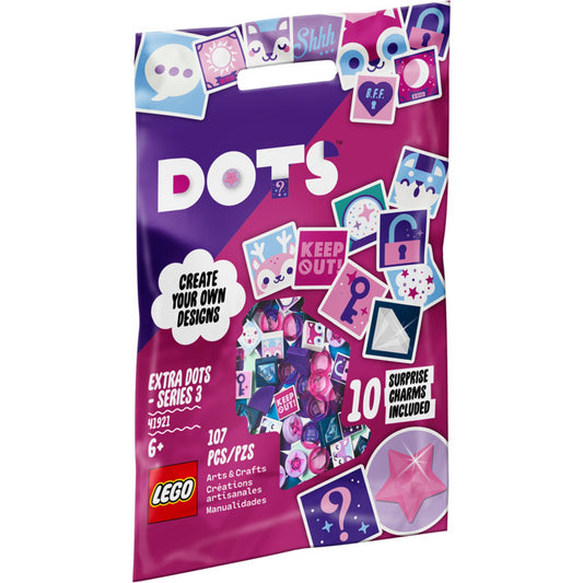 LEGO DOTS packaging with colorful designs and text on a white background