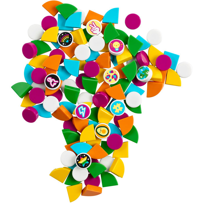 Colorful geometric shapes with various symbols on a white background