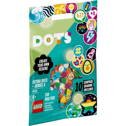 LEGO DOTS packaging with colorful charms and branding on a white background