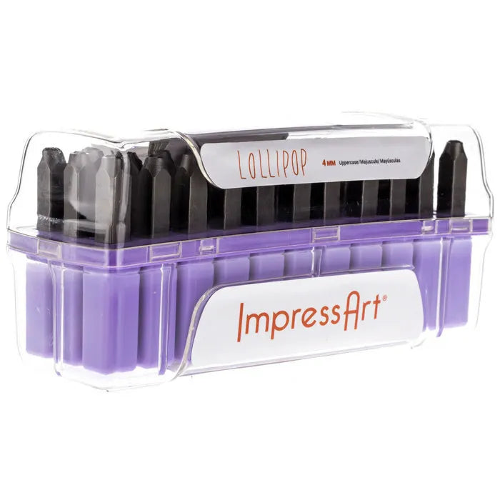 A purple case containing a set of ImpressArt Lollipop Uppercase Letters 4mm Metal Stamps. 