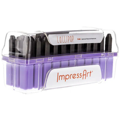 A purple case containing a set of ImpressArt Lollipop Uppercase Letters 4mm Metal Stamps. 