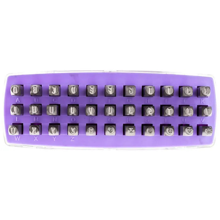 A purple case containing a set of ImpressArt Lollipop Uppercase Letters 4mm Metal Stamps. 