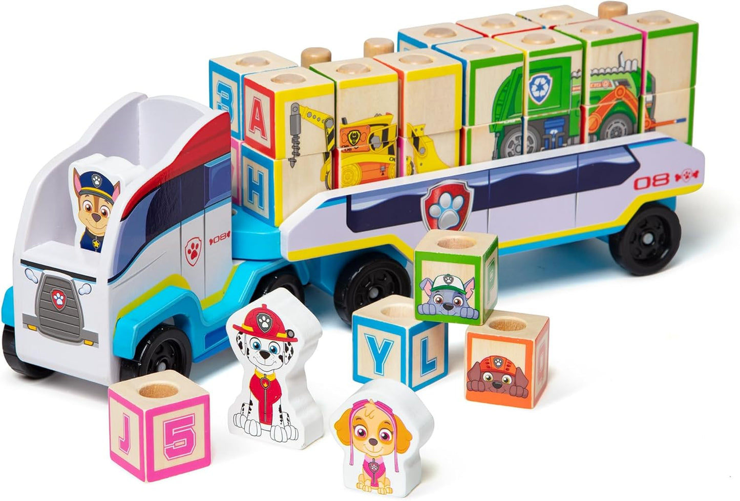 Toy truck with character figures and colorful blocks on a white background