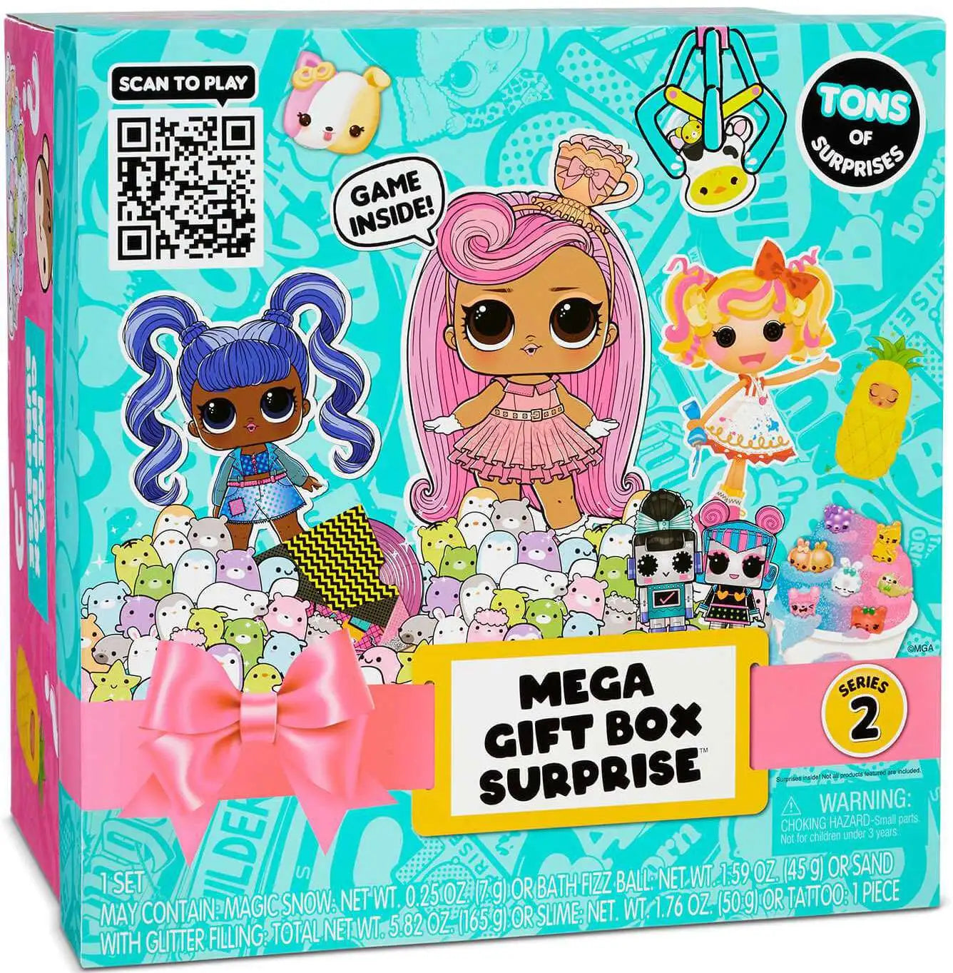 Mega gift box surprise toy set packaging with dolls and accessories on a blue background
