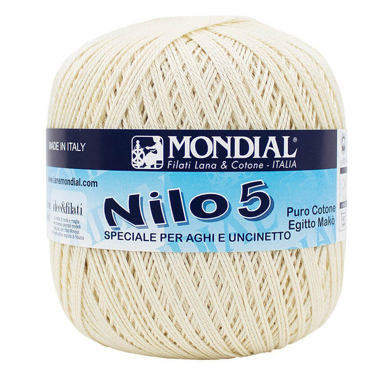 Ball of yarn with Mondial Nilo 5 label on a white background