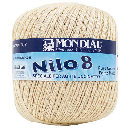 Ball of yarn with Mondial Nilo 8 label on a white background