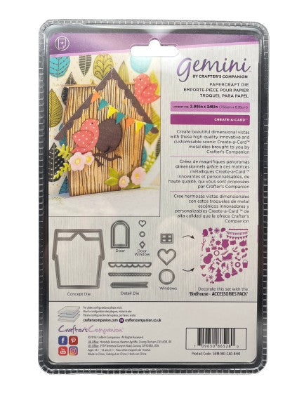 Packaging of Gemini by Crafter's Companion die set with birdhouse design on a white background