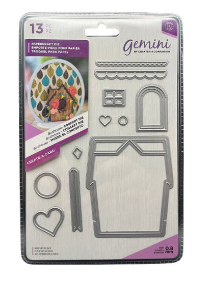 Packaged Gemini paper craft die set with various shapes on a white background